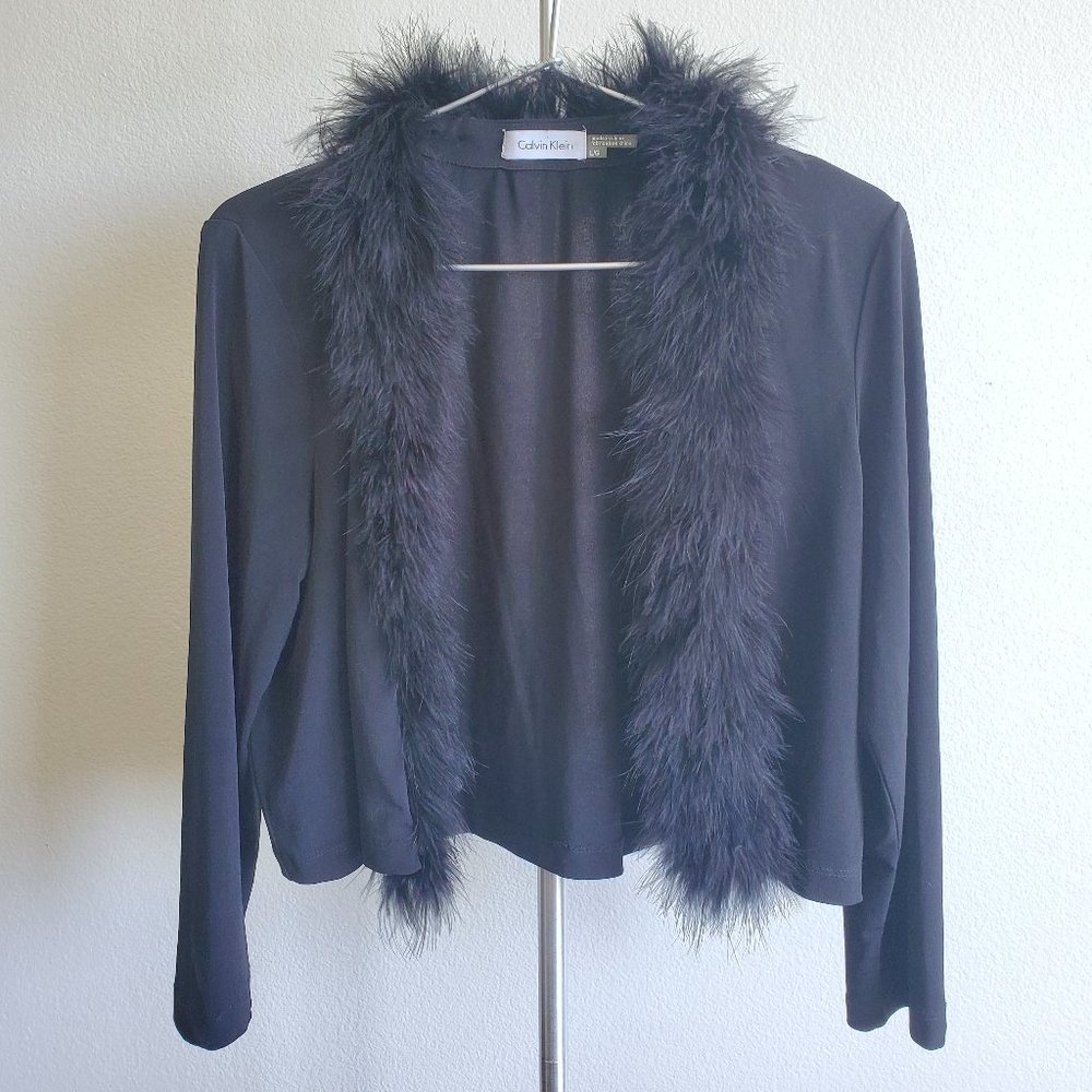 90s Calvin Klein Feather Trim Jacket | Y2K Black Trim Sweater